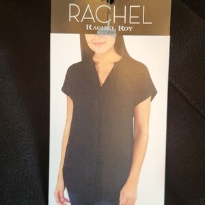 RACHEL Rachel Roy Black Flowy V Neck Blouse with Centre Pleat, Short Sleeves Sm